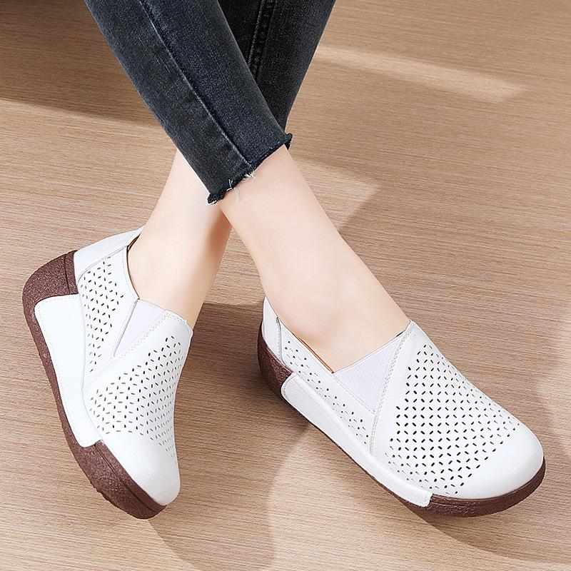 Hollow-out Women PU Leather Casual Shoes Fashion Wedge Heels Platform Shoes Slip-on Loafers Mother Shoes