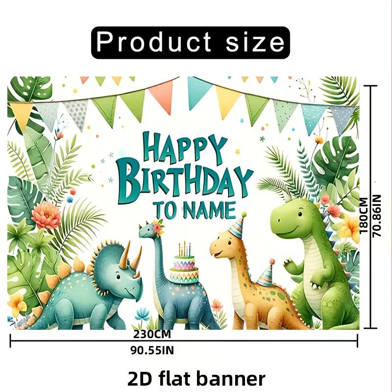 Watercolor Dinosaur Birthday Banner, 2D Flat Customizable Name Party Background with Tropical Leaves & Cute Dino