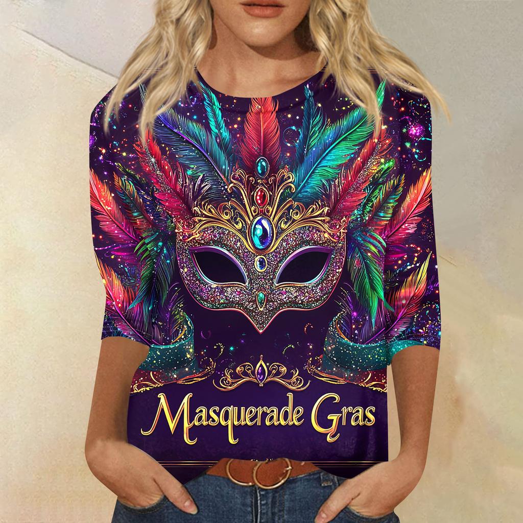 Dámské módní ležérní tričko s kulatým výstřihem a tříčtvrtečním rukávem s potiskem karnevalu