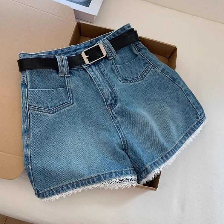 

Летние Джинсовые Шорты с Высокой Талией Кружевные Джинсы Женские Большого Размера Свободные Широкие Шорты S синий