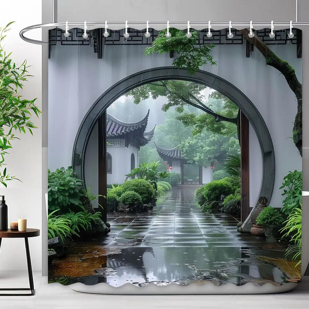 

Chinese Archway Scenic Shower Curtain Landscape Waterfall Outdoor Landscape Polyester Fabric Shower Curtains Bathroom Decoration 90x180cm