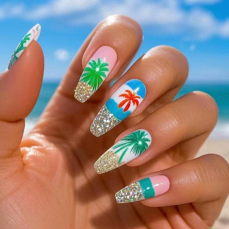 24 Pcs Summer Artificial Nail Long Ballerinas Full Cover False Nail Glittering Stick on Nail Coconut Tree Press On Nail