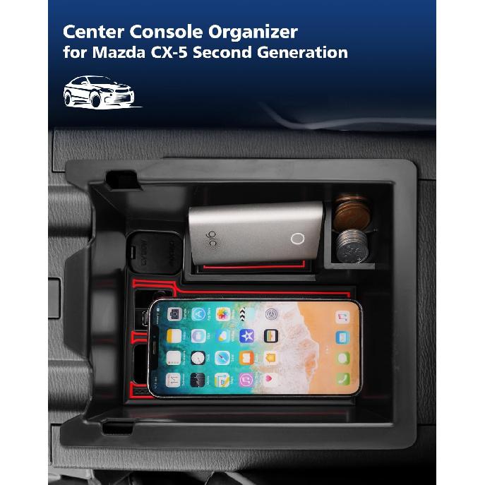 FIILINES Center Console Organizer with Anti-Slip Mats for CX-5 CX5 2017-2025, Console Tray Secondary Armrest Storage Box ABS Insert Container