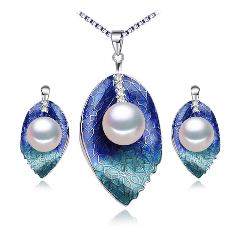 LSOOYH Cloisonne Natural Freshwater Pearl Earrings Fashion Leaf Necklace For Women Pearl Jewelry Set