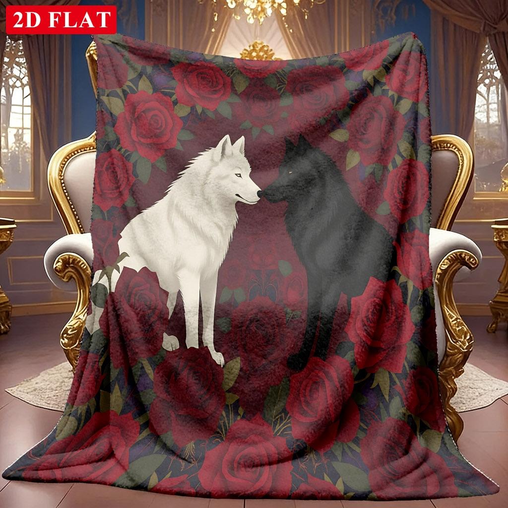 A 2D Flannel Blanket Featuring a Black and White Dual Wolf and Red Rose Themed Pattern, with Soft High-definition Digital Printing. This Cooling Blank