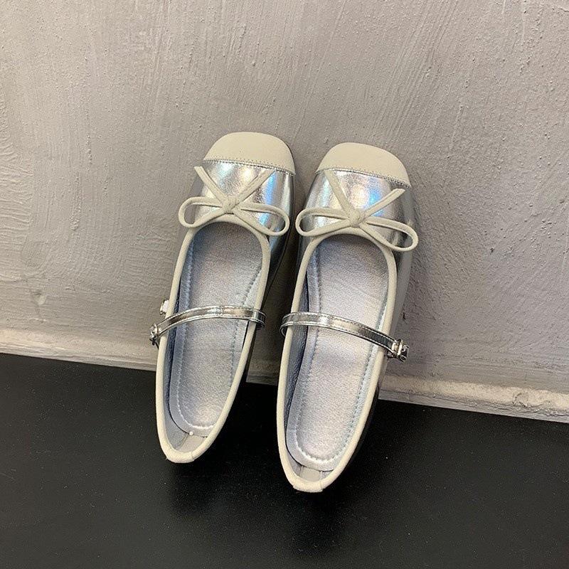 Bow splicing single shoes women's new one-button ballet flats