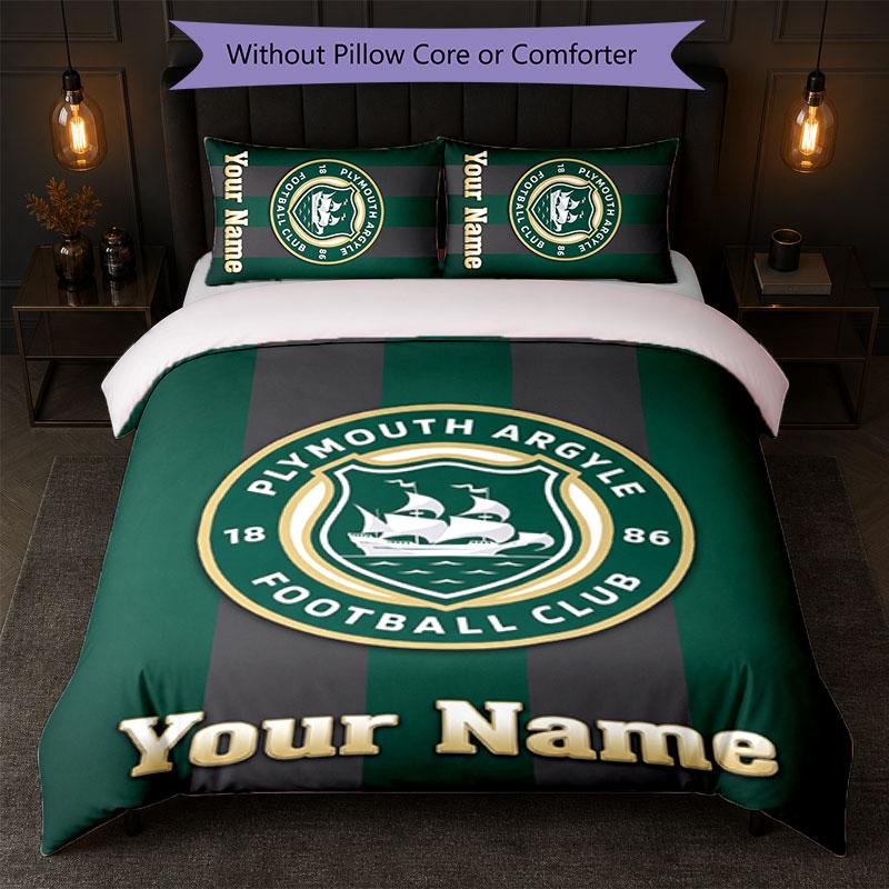 Plymouth Argyle FC Custom Name Text Bedding Set 1 Duvet Cover+2 Pillowcases Soccer Logo Personalized Gift For Special Occasion Bedroom Decor
