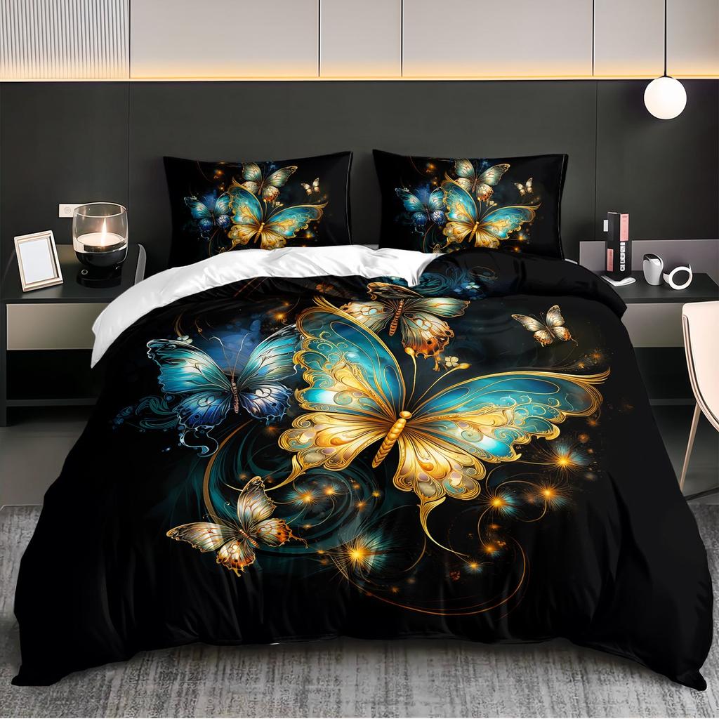 3pcs Luxury Golden Teal Butterfly Bedding Duvet Cover Set Butterfly Themed Bedding Quilt Set Elegant Butterfly Bedroom Decor