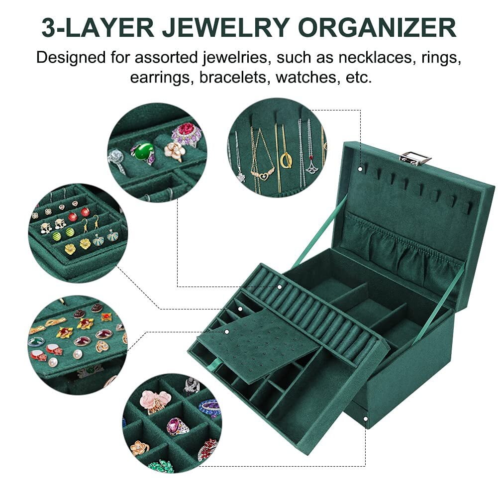 Jewelry Box Organizer for Women Girls, 3-Layer Jewelry Organizer with Lock and Drawer, Portable Jewellery Holder for Earring Rings Necklaces Bracelets