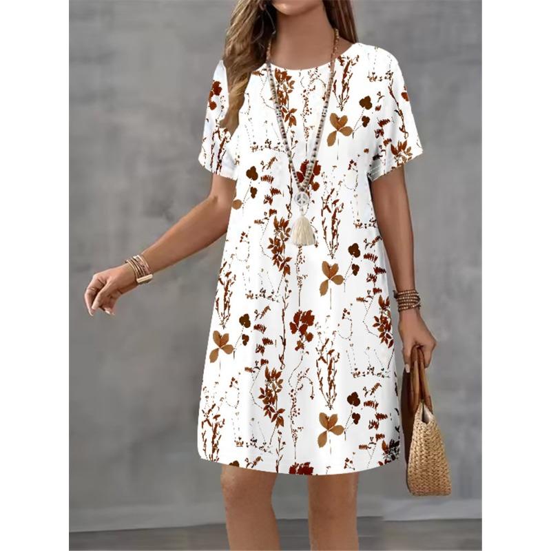 Women Elegant Temperament Dress Summer New Short Sleeved Dress Fashion New Flower Print Casual Retro Mini A-line Dress