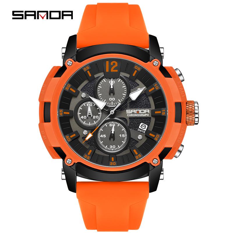 Sanda Men s Quartz Watch: Trendy, Waterproof, Simple Calendar, Six-Hands, Three-Dial Design.