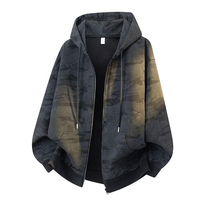 

Retro Military Style Camouflage Hooded Jacket with Zipper Cardigan, Workwear Style Casual Hoodie S чорний