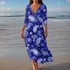 Women's Vintage Print Tunic Waisted Midi Dress Summer Casual 3/4 Sleeve Dress Dress
