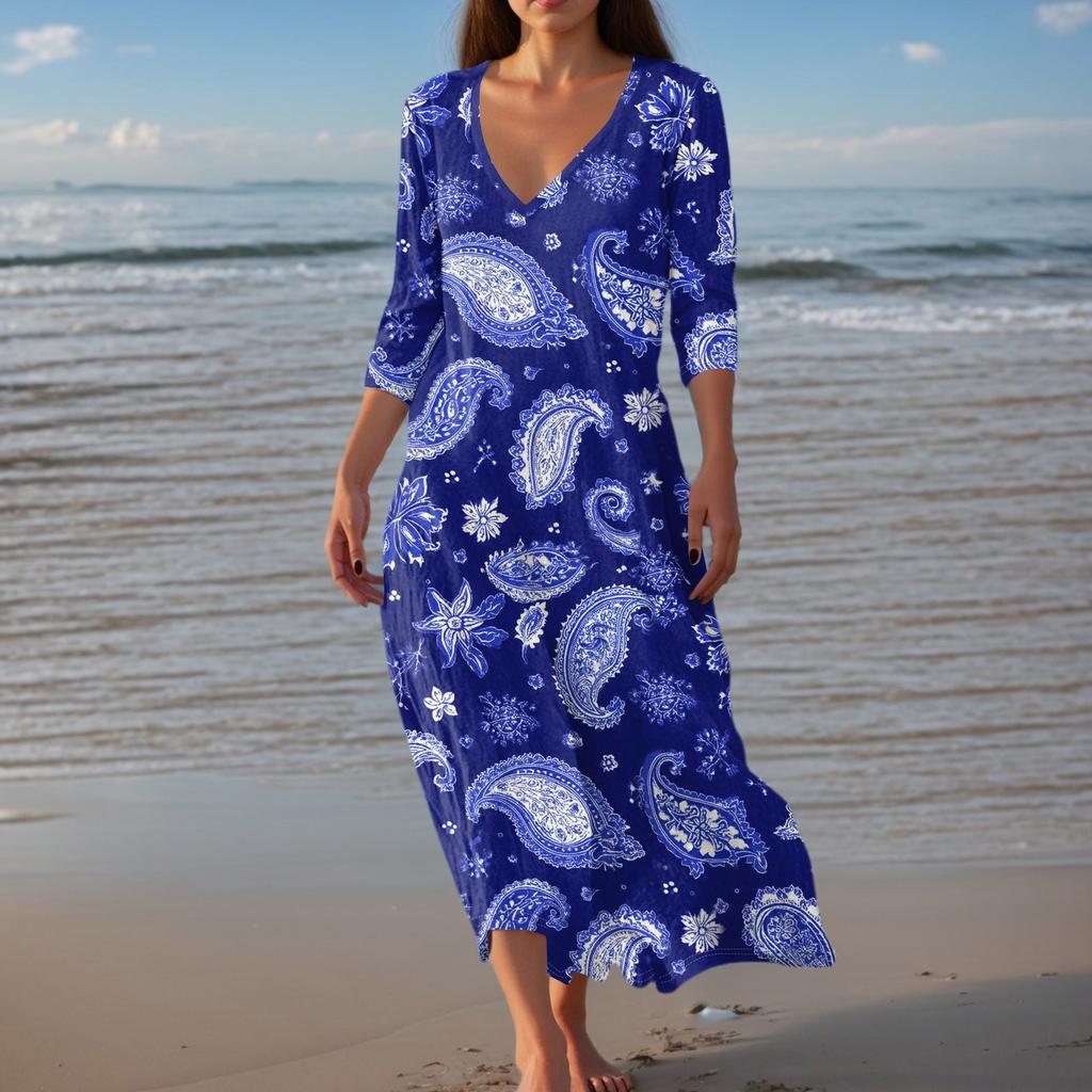 Women's Vintage Print Tunic Waisted Midi Dress Summer Casual 3/4 Sleeve Dress Dress