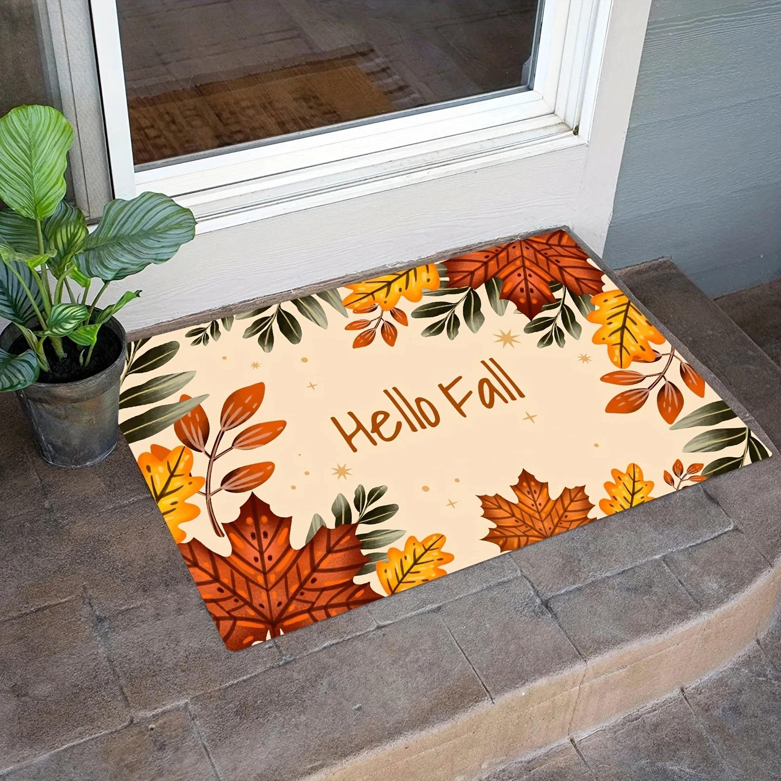 Hello Fall Maple Leaf Entrance Doormat Decor Carpet Living Room Autumn Harvest Bathroom Non-slip Floormat Thanksgiving Decor 40X60CM