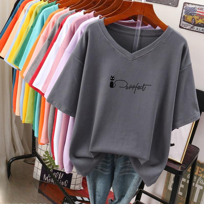Short-sleeved T-shirt for Women, Large Size, Loose and Slimming, Printed V-neck Top