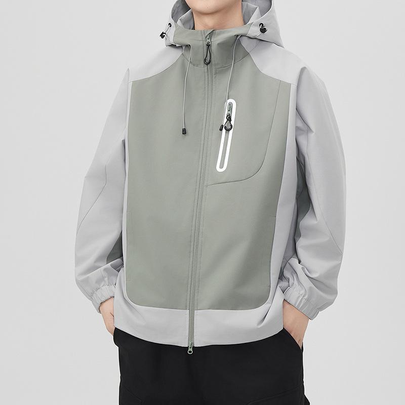Hooded Color-blocked Jacket Men's Zipper Decoration Spring Clothes New Men's Slim Youth Outdoor Casual Jacket Jacket