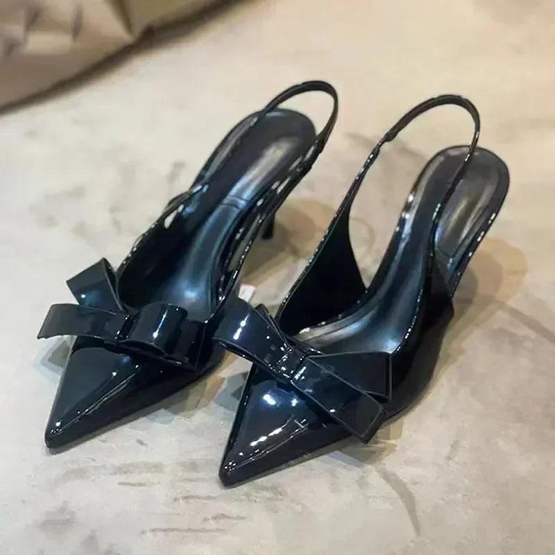 Fashion Black Sexy Pointed Toe Thin High Heels Women Fashion Bow Open Toe Heeled Sandals Banquet Dress Shoe Luxury Designer Women Pumps