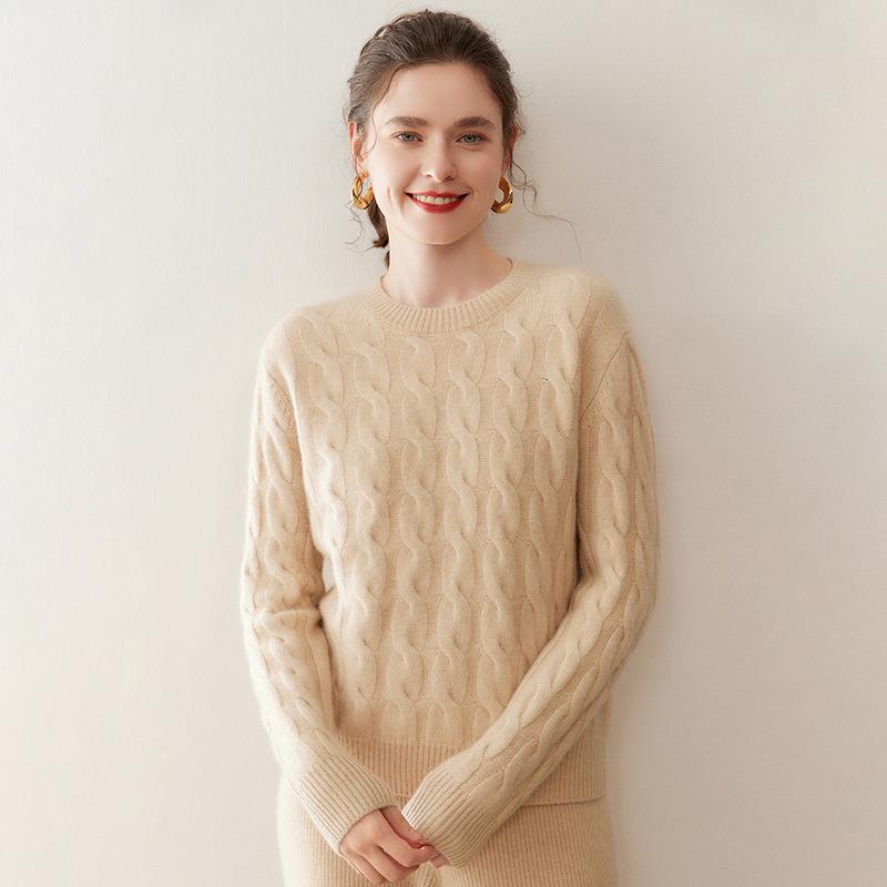 Women's Round Neck Cable Knit Cashmere Sweater - Thickened and Loose Fit for Autumn/Winter