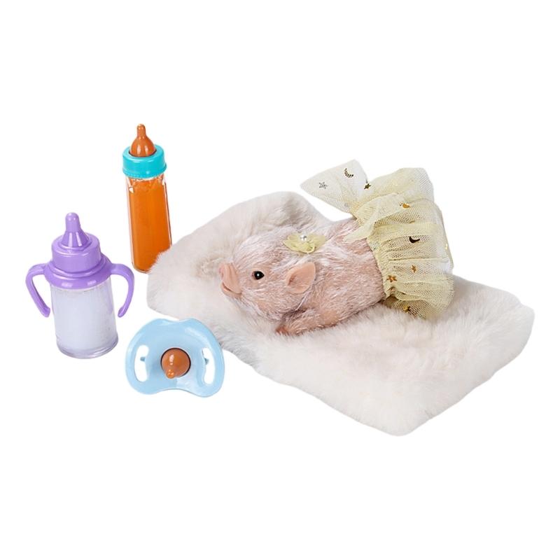 Pretend Play Piggy Toy With Baby Bottle Accessories Soft Silicones Yellow Outfit Educational Imaginative Kids Gift