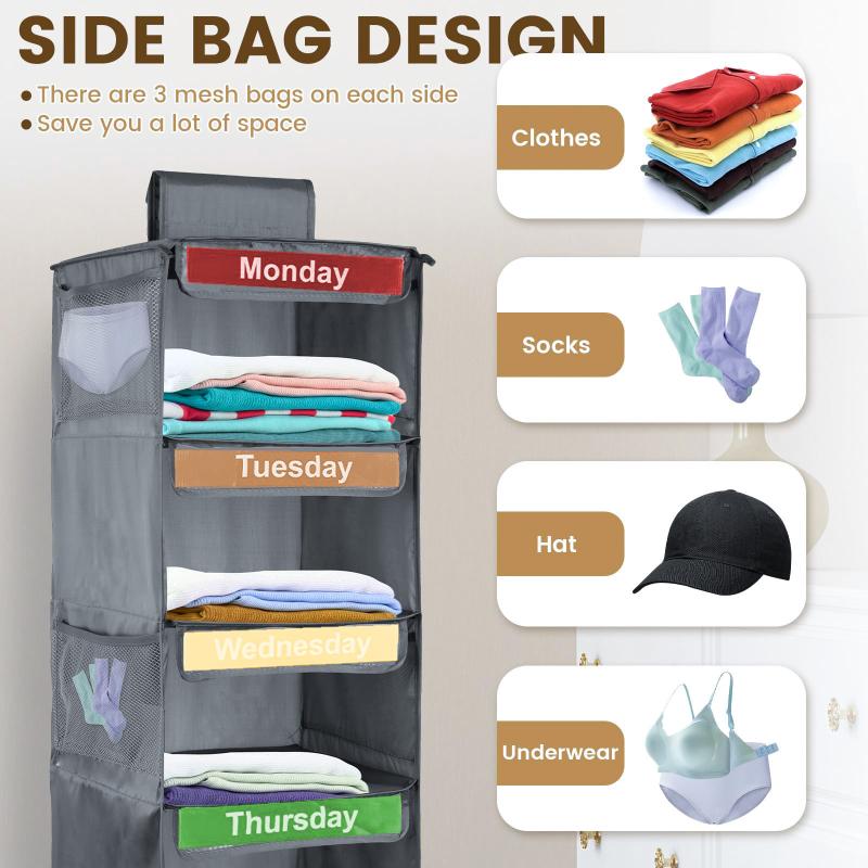 5-Shelf Weekly Clothes Organizer Kids Daily Shelf Hanging Closet Organizer Days Of The Week Hanging Storage Shelves For Kids