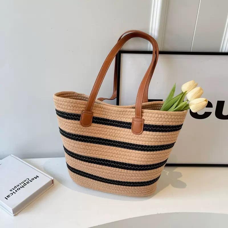 Versatile Shoulder Striped Straw Bag Women's Cotton Thread Zipper Woven Bag Large Capacity Tote Bag Seaside Vacation Beach Bag