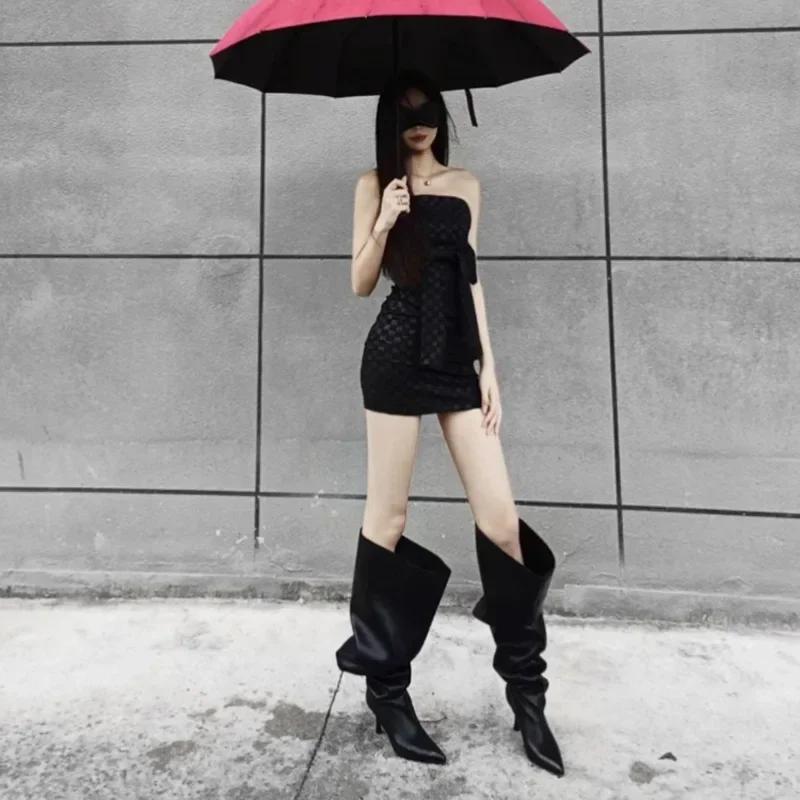 Large Sleeve Fashion Pointed Sleeve Pleated Over The Knee Knight Boots for Women Wide Barreled Boots