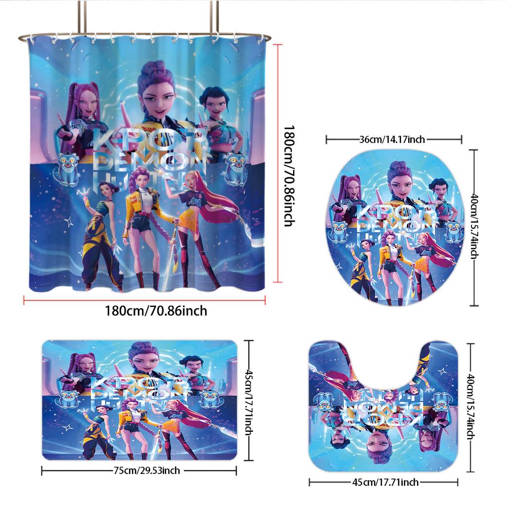 4 stk K-Pop Demon Hunters trykk baderomsett 180x180 vanntett dusjforheng 12 kroker gulvmatte, toalettsete, U-formet pute