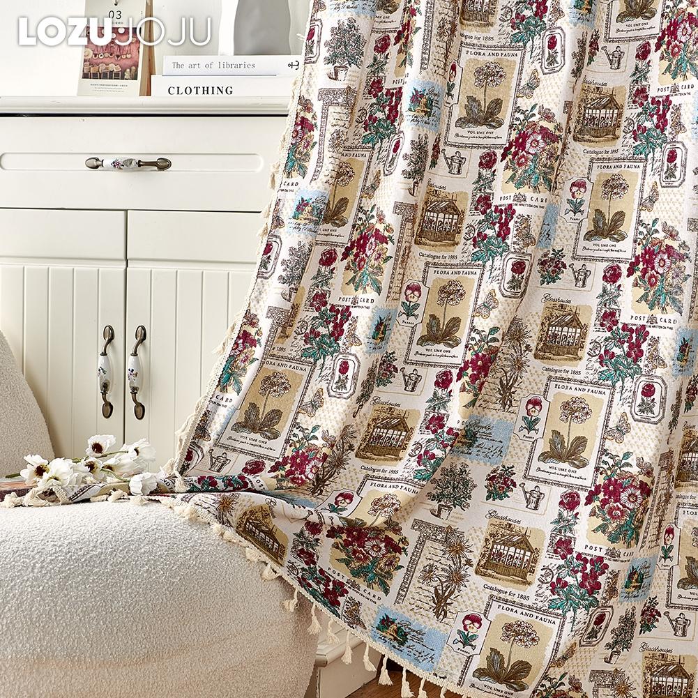 1PC LOZUJOJU Semi Blackout Cotton Linen Printed Curtain Retro Style Tassel Curtain for Small Windows Balcony Bedroom Living Room Home Decor