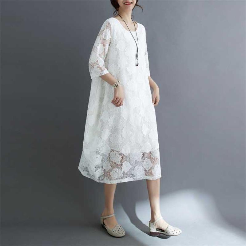 Summer Ethnic Style Lace Vintage Loose Dress Women Print Solid Color Round Neck Patchwork Pocket Long Sleeved Casual Versatile Dresses