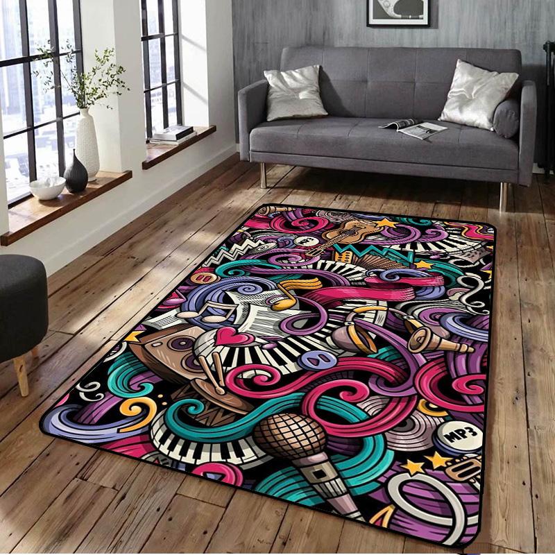 Loussiesd Tappeto con note musicali, colore nero, bianco, a tema musicale, per soggiorno, camera da letto, camera da letto, lavabile, 100 x 150 cm
