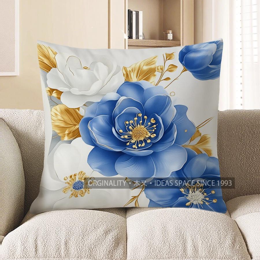 Home Decor Blue & White Flowers With Gold Accents Pillow Cover Pattern Cushion Cover Suitable For Sofa Bedroom Car Pillow Cover