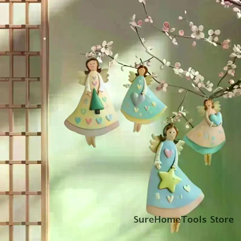 4PCS/Set Vintage Angel Hanging Decor Fantasy Wooden Xmas Tree Hanging Ornament Decor For Home New Year Gift Christmas Decor