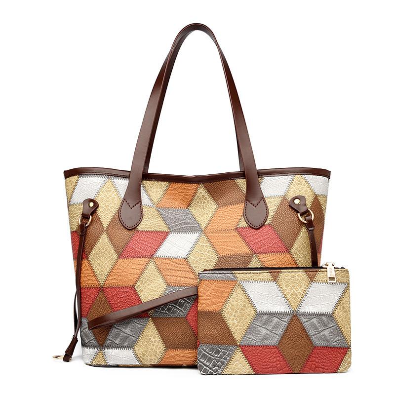 Contrasting color plaid splicing shoulder handbag