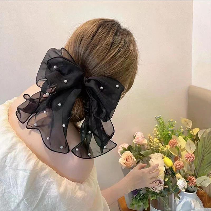 Fashion Ribbon Pearl Bow Hair Clips For Women Elegant Chiffon Bowknot Ponytail Clip Pin Bows Barrette Sweet Headwear Accessories