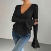Women Tops Slim Fit V Neck Flared Long Sleeve Ruffle Detail Knitting Tops Solid Color Buttons Closure Winter Sweater