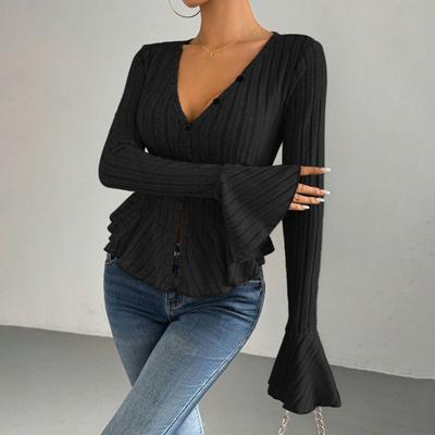 Damen Tops Slim Fit V-Ausschnitt Ausgestellte Lange Ärmel Rüschendetail Stricktops Uni
