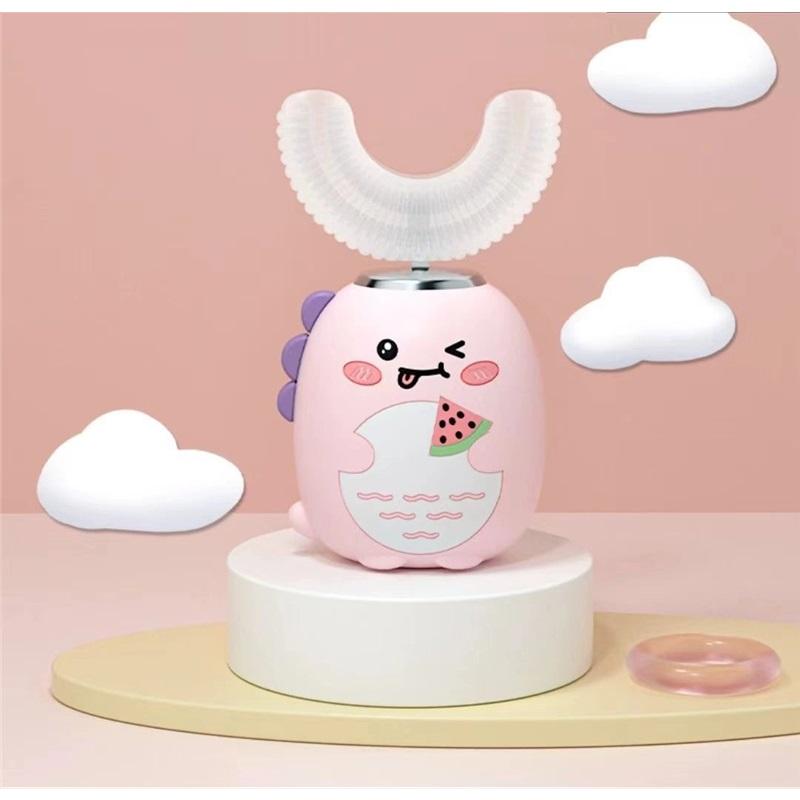 

Мультяшная U-образная детская электрическая зубная щетка в виде динозавра для детей от 3 до 12 лет с зубной пастой, перезаряжаемая, водонепроницаемая, звуковая, мощная, на батарейках розовый