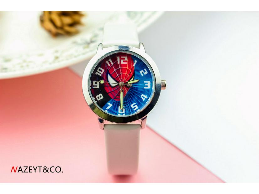 

Children s Spiderman Cartoon Quartz Watch with Luminous Hands and Leather Strap белый