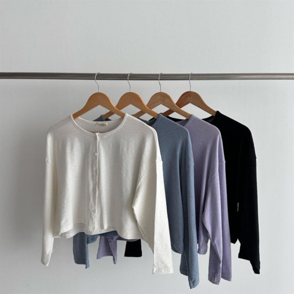 New Arrivals Open Run Women CroppeD Box Fit WiDe RounD Neck Button Cotton Knit D