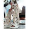 Niche Graffiti Printed Ice Silk Casual Pants for Women In Summer High-waisted Slim and Versatile Straight Wide-leg Pants