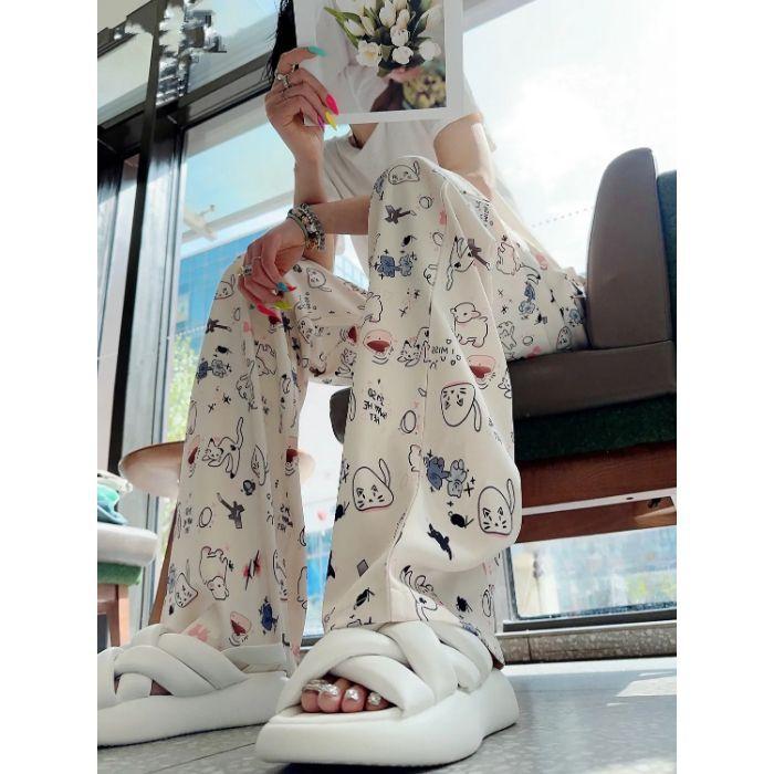 Niche Graffiti Printed Ice Silk Casual Pants for Women In Summer High-waisted Slim and Versatile Straight Wide-leg Pants