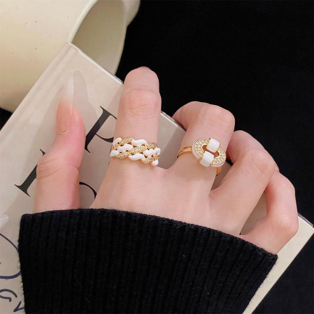 Enamel White Drop Glaze Rhombus Woven Opening Ring Light Luxury High Sense Personalized Stacked Ring