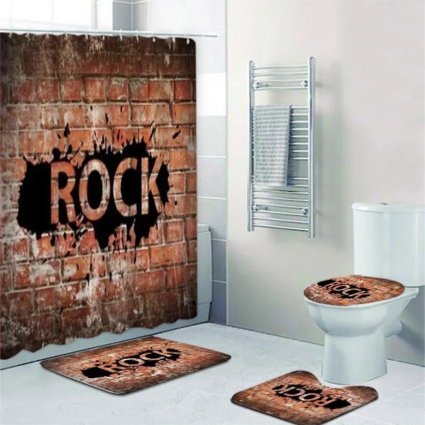 4Pcs Fire Burning Electric Guitar Shower Curtain Sets, Stone Wall Modern Bathroom Sets Waterproof,Non-Slip Bath Rugs Toilet Mat