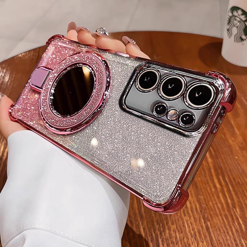 Applicable To Galaxy S25 Mobile Phone Case, Glitter Powder, Makeup Mirror, Magnetic Suction Bracket, Soft Case S23ultra Four-corner Anti-drop Case