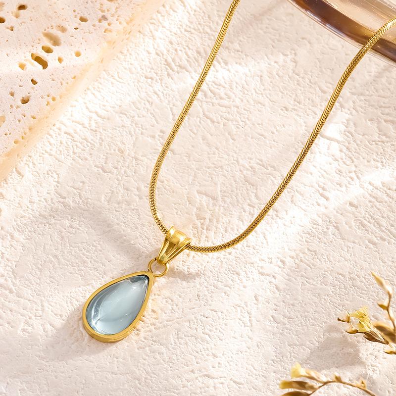 French Light Luxury Clear Green Water Drop Blue Ocean Necklace Vintage Mermaid Tears Collarbone Chain Pendant Necklace Wholesale