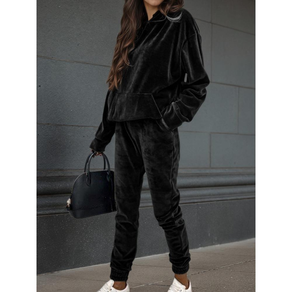 Tuta da Donna 2 Pezzi in Velluto Liscio con Cappuccio Felpa a Manica Lunga Pantaloni della Tuta Morbida Casual Autunno Inverno