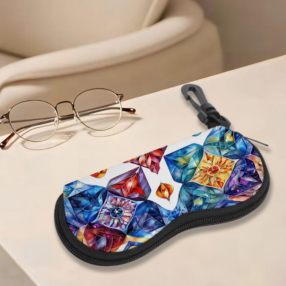 2D-Stained Glass Floral Pattern Protective Sunglasses Case, Vintage Geometric Art Eyeglasses Pouch, Zipper Travel Eyewear Holder Box Gift for Women