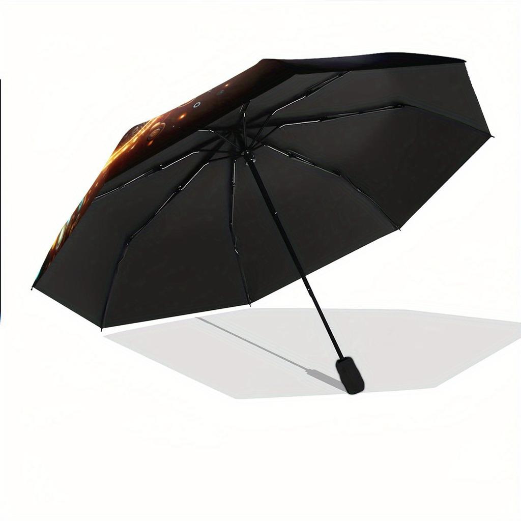 Automatic Folding Umbrella The umbrella features a vibrant saxophone surrounded by musical notes and colorful swirls. Portable