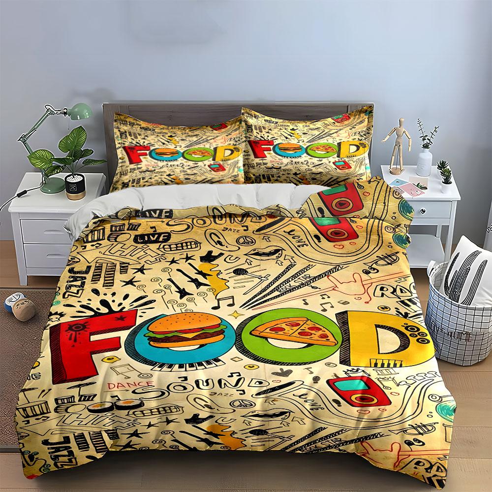 Burger, pizza, music doodles. Bedding sets Duvet cover sets Duvet covers Pillowcases(1 * Duvet Cover 2 * Pillowcases without duvet insert)